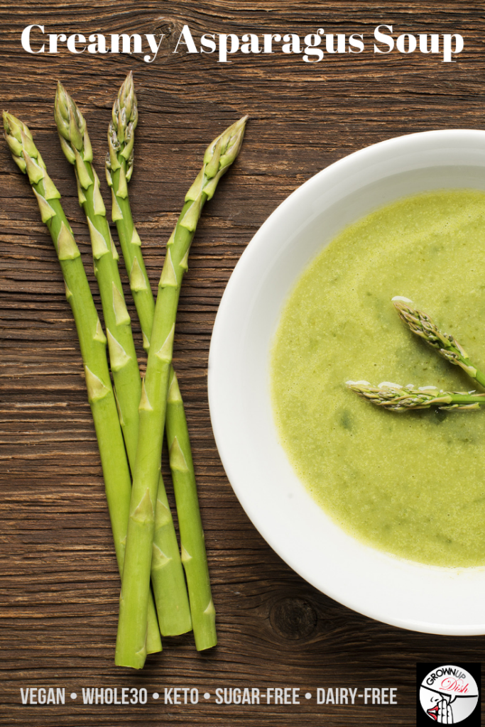 Creamy asparagus soup tastes like springtime in a bowl and it's dairy free, Paleo, Whole30 and vegan (if you use vegetable stock). One pot recipe. www.grownupdish.com