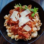 This Sausage & Mushroom Bolognese recipe can be whipped up in about an hour in an Instapot (pressure cooker.) Or make it on the stovetop or in a crockpot. - Grownupdish.com