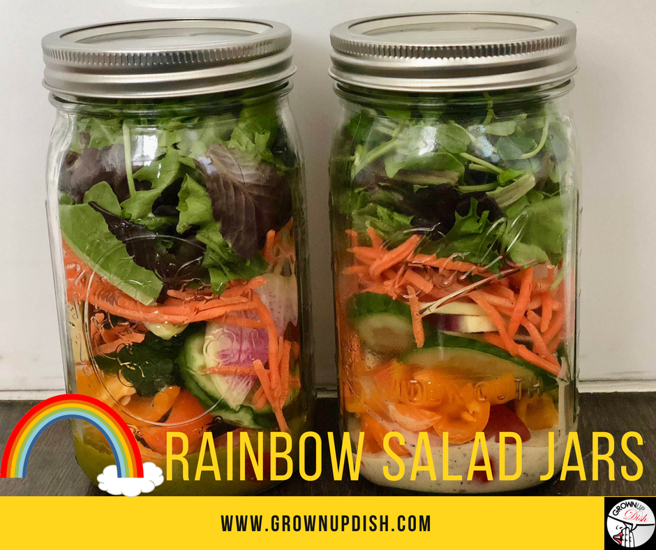 This Rainbow Salad Jar recipe is completely customizable and ideal for meal prep. Stack the ingredients from wet to dry and jars will keep for 5 days. | grownupdish.com