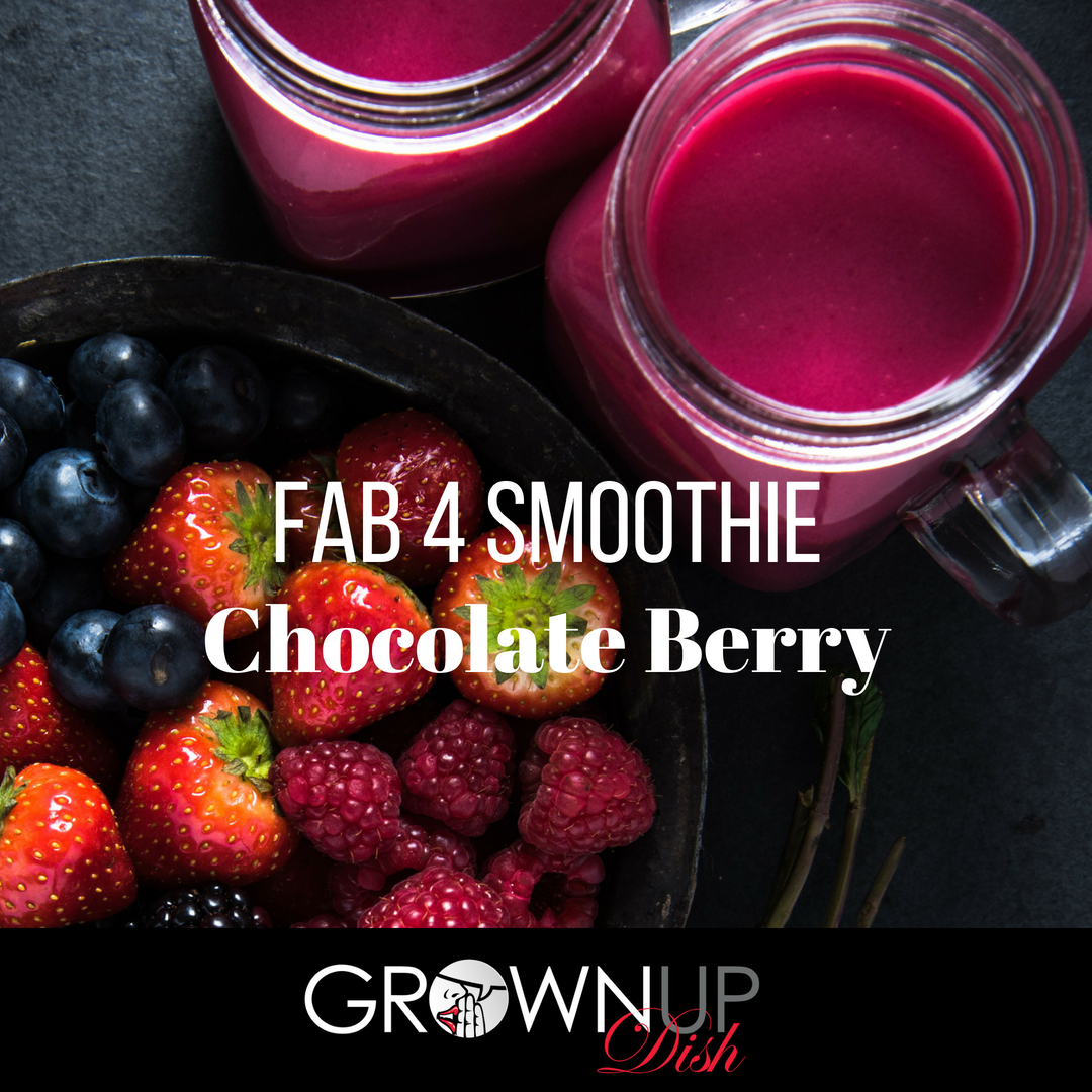 This Chocolate Berry Fab Four Smoothie recipe is made with mixed berries and chocolate so it's deliciously sweet and a little bit savory. And because it follows Kelly Leveque's Fab Four formula, it will elongate your blood sugar curve and keep you full for several hours. | www.grownupdish.com
