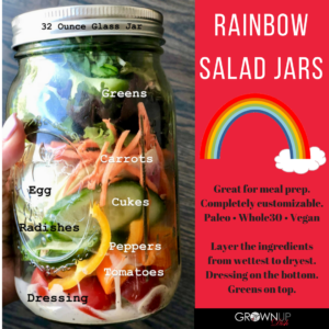 This Rainbow Salad Jar recipe is completely customizable and ideal for meal prep. Stack the ingredients from wet to dry and jars will keep for 5 days. | grownupdish.com
