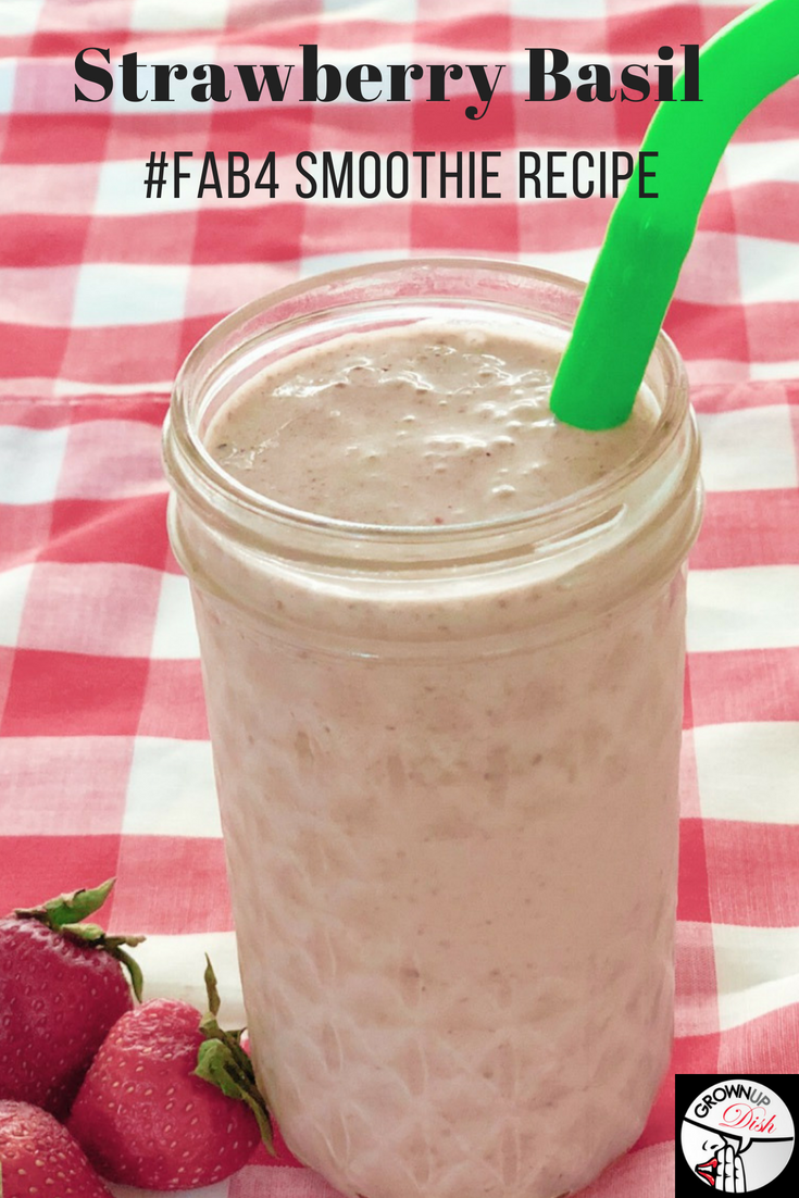 This strawberry basil smoothie tastes like summer in a glass. It's rich, sweet and creamy (even though it contains no dairy or sweeteners.) #Fab4smoothie | www.grownupdish