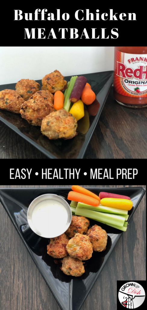 These healthy baked buffalo chicken meatballs are savory, spicy and oh so delicious. Serve them as an appetizer alongside sliced celery and carrots with a blue cheese dipping sauce. Or pile them on top of greens for a healthy and satisfying meal. | www.grownupdish.com