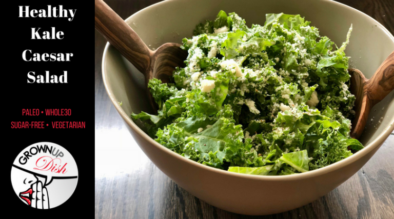 This paleo kale caesar salad is so delicious that you'll forget it's good for you. It's the homemade salad dressing that makes it so legit. And it's super easy to make. The dressing is just a riff on homemade mayonnaise, which you can whip up with an immersion blender in just minutes. | www.grownupdish.com