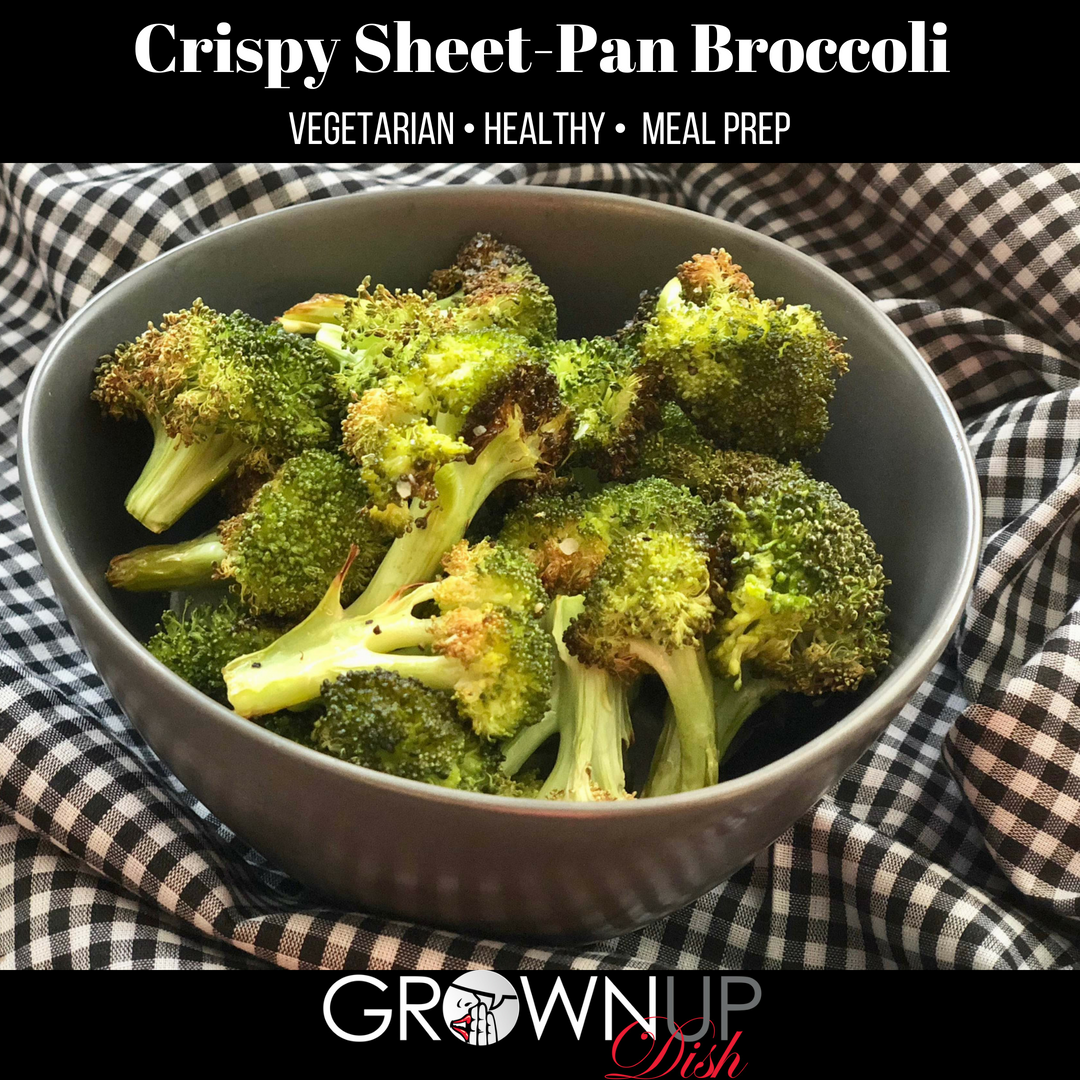 Crispy Sheet Pan Broccoli recipe. This is my favorite way to make a big batch of broccoli. The sheet pan preparation is easy and there's only one pan to wash. And OMG - those crispy edges! www.grownupdish.com
