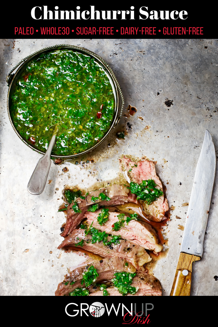 Homemade Paleo Chimichurri Sauce is so much more than just a topper for steaks. It's also delicious on chicken, seafood, potatoes, etc. Chock full of fresh herbs and healthy fats, it will add a boost of flavor to all of your meals. And, you can make it in less than 5 minutes. | www.grownupdish.com