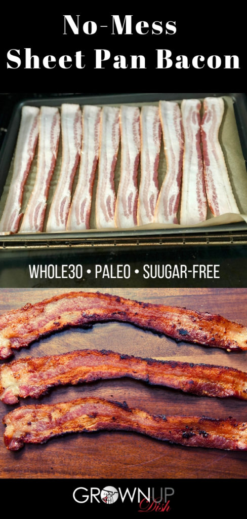 Here is the easiest way to make crispy sheet pan bacon in your oven with no mess. Try it and you'll never go back to standing over the stove. | www.grownupdish.com