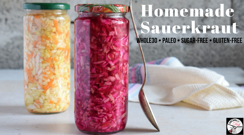 Easy homemade sauerkraut is a snap to make. Just mix the brine, pour it over chopped cabbage and refrigerate. In a few hours it's ready to eat and the longer it sits, the better it tastes. Plus fermented foods are super healthy! This recipe is sugar-free, gluten-free, paleo, Whole30 and vegan. | www.grownupdish.com