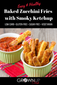 These easy baked zucchini fries feature Parmesan-crusted zucchini baked until hot and crispy and dunked in a smoky, spicy ketchup. You've gotta try these! | www.grownupd