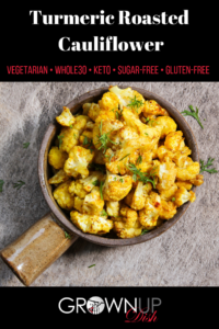 This turmeric roasted cauliflower recipe combines to of today's hottest superfoods. Make it in 30 minutes on a sheet pan - it's ideal for a weeknight dinner. | www.grownupdish.com