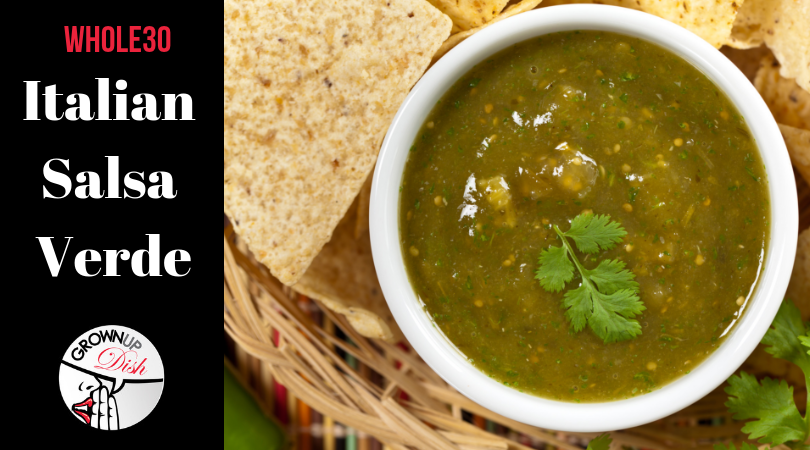 Easy and healthy Whole30 Italian Salsa Verde combines capers, fresh parsley, and garlic with lemon juice and crushed red pepper. Best seafood topping! | www.grownupdish.com