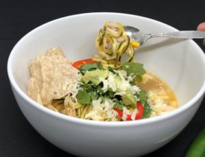 If you like big spicy flavor and toppings galore, Easy Mexican Soup features chicken, white beans, zoodles, and a hit of fresh Jalapeño and lime juice. | www.grownupdish.com