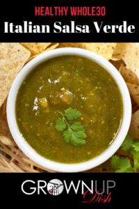 Easy and healthy Whole30 Italian Salsa Verde combines capers, fresh parsley, and garlic with lemon juice and crushed red pepper. Best seafood topping! | www.grownupdish.com