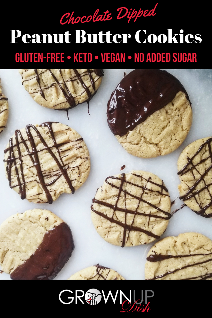 Chocolate dipped gluten-free peanut butter cookies so delicious you won't believe they are healthy (and easy to make!) No sugar, flour or dairy. | www.grownupdish.com