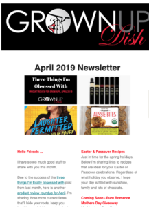 April 2019 Grownup Dish newsletter - Easter and Passover recipes, 3 April Obsessions, new grandson Ace, plus #ruththecavapoo meets the Easter Bunny. | www.grownupdish.com