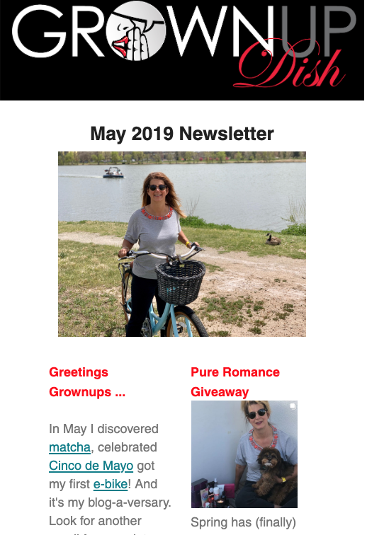 Grownup Dish May 2019 newsletter featuring Mother's Day recipes, Pure Romance giveaway, best podcast episodes and more. | www.grownupdish.com
