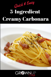 5-Ingredient Creamy Carbonara is an easy weeknight dinner - cozy, comforting and shockingly easy to make. It uses pantry staples & no cream. | www.grownupdish.com