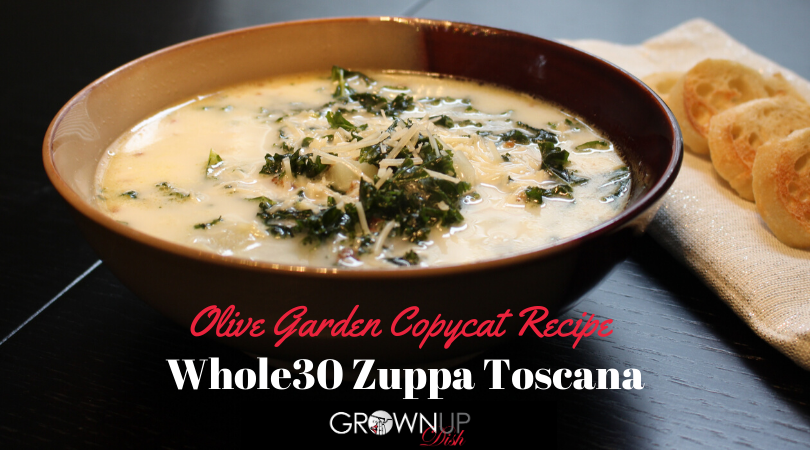 Olive Garden Copycat Whole30 Zuppa Toscana soup is a hearty mixture of sausage, potato, kale and lots of veggies. It's much healthier than the original Olive Garden version. | www.grownupdish.com
