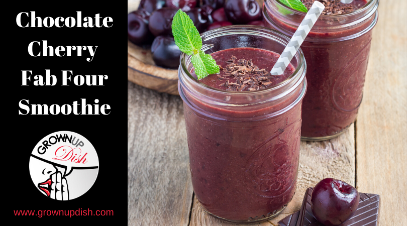 This delicious Chocolate Cherry Fab Four smoothie combines protein, healthy fat, fiber and greens to tickle your tastebuds and keep you full for hours. | www.grownupdish.com
