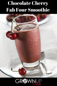 This delicious Chocolate Cherry Fab Four smoothie combines protein, healthy fat, fiber and greens to tickle your tastebuds and keep you full for hours. | www.grownupdish.com