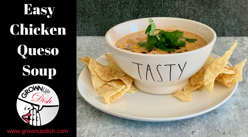 Easy chicken queso soup is cheesy, a little bit spicy, very creamy, very hearty, and oh so delicous. Quick & easy to make with leftover rotisserie chicken. | www.grownupdish.com