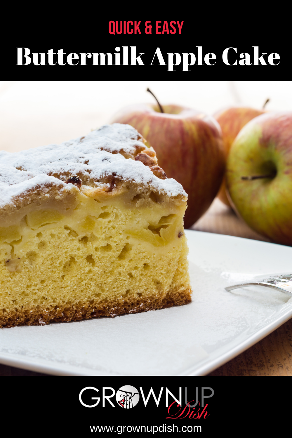This light and fluffy buttermilk apple cake is a cross between a coffee cake and a dessert.  It's a yummy treat that isn't too sweet so it makes a lovely breakfast or coffee break snack. | 