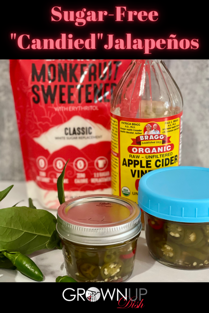 Discover how to make Sugar-Free Candied Jalapeños using no calorie monkfruit sweetener instead of sugar. They're sweet and spicy and virtually indistinguishable from the store-bought version. | www.grownupdish
