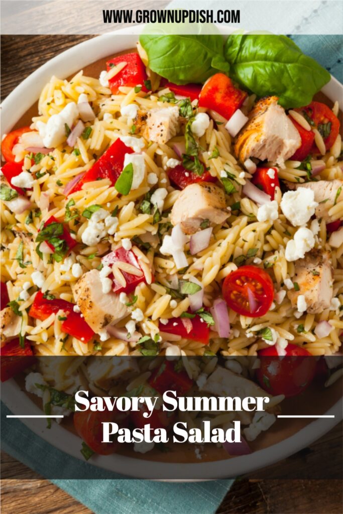 Savory Summer Pasta Salad is a delicous combination of cooked and raw vegetables, tender pasta, and tangy feta, brought together with a zesty dressing. It's ideal as a side dish, or top it with your favorite protein and turn it into a meal.