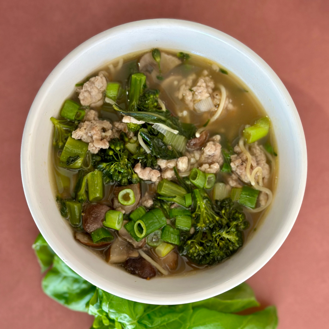 One Pot Spicy Pork and Broccolini Ramen Soup • GrownUp Dish