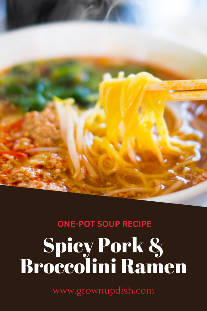 This one-pot spicy pork and broccolini soup recipe is loaded with flavor and ready in 30 minutes. Check out the recipe for variations and substitutions. www.grownupdish.com